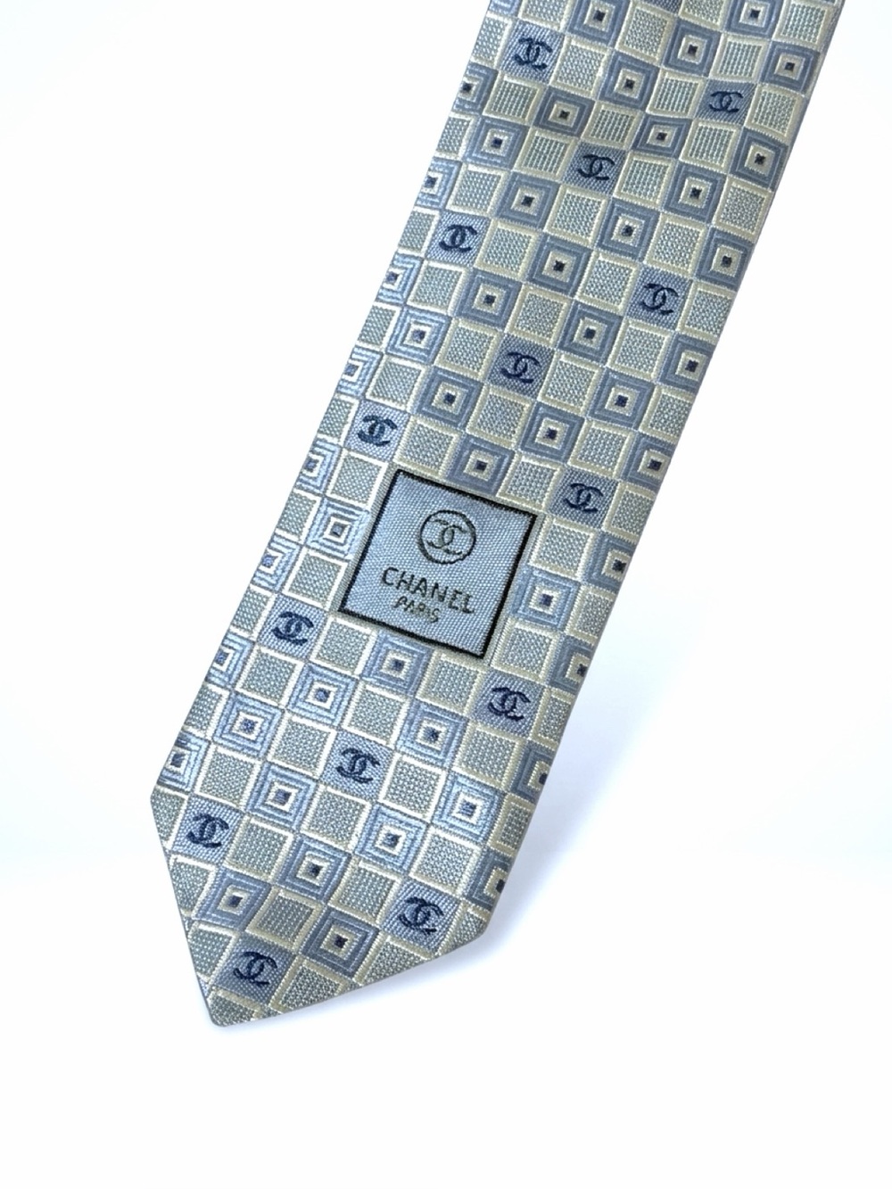 CHANEL Silk Tie, Geometric Pattern, CCs, Light Blue, Navy, Silver, 59”, EUC